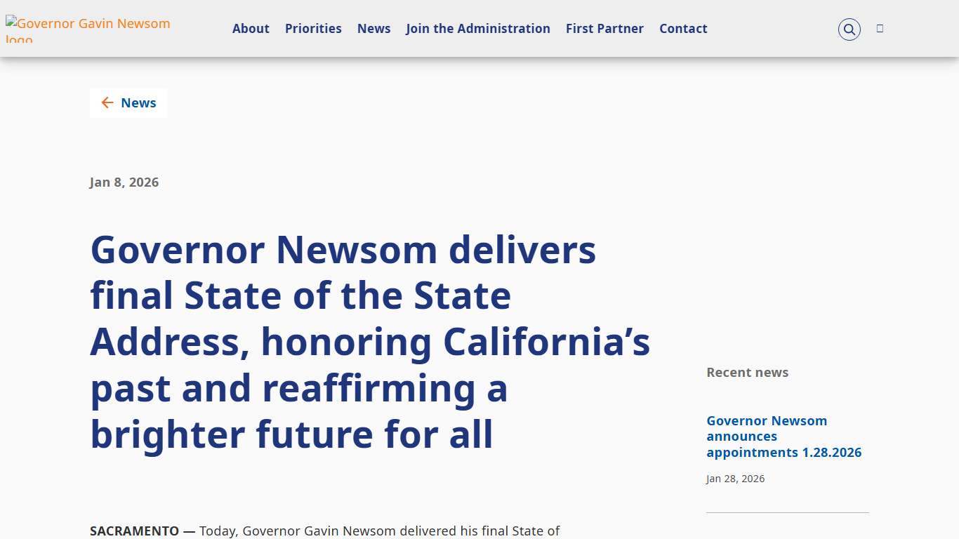 Governor Newsom delivers final State of the State Address, honoring California’s past and reaffirming a brighter future for all Governor of California